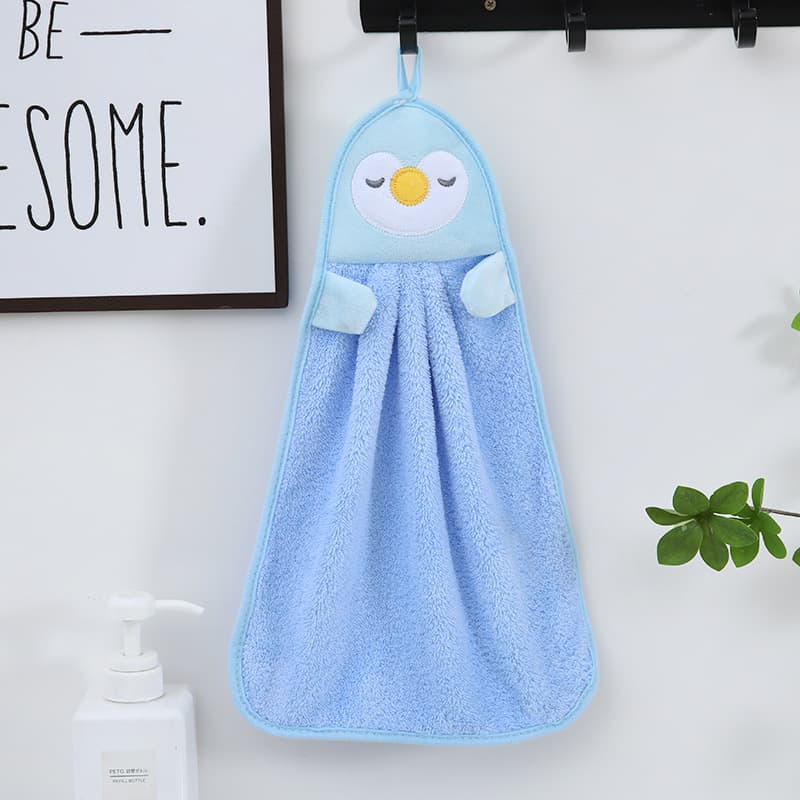 Blue Gray Penguin Little Yellow Duck Hanging Hand Towel Kitchen Dishcloth Coral Fleece Embroidery