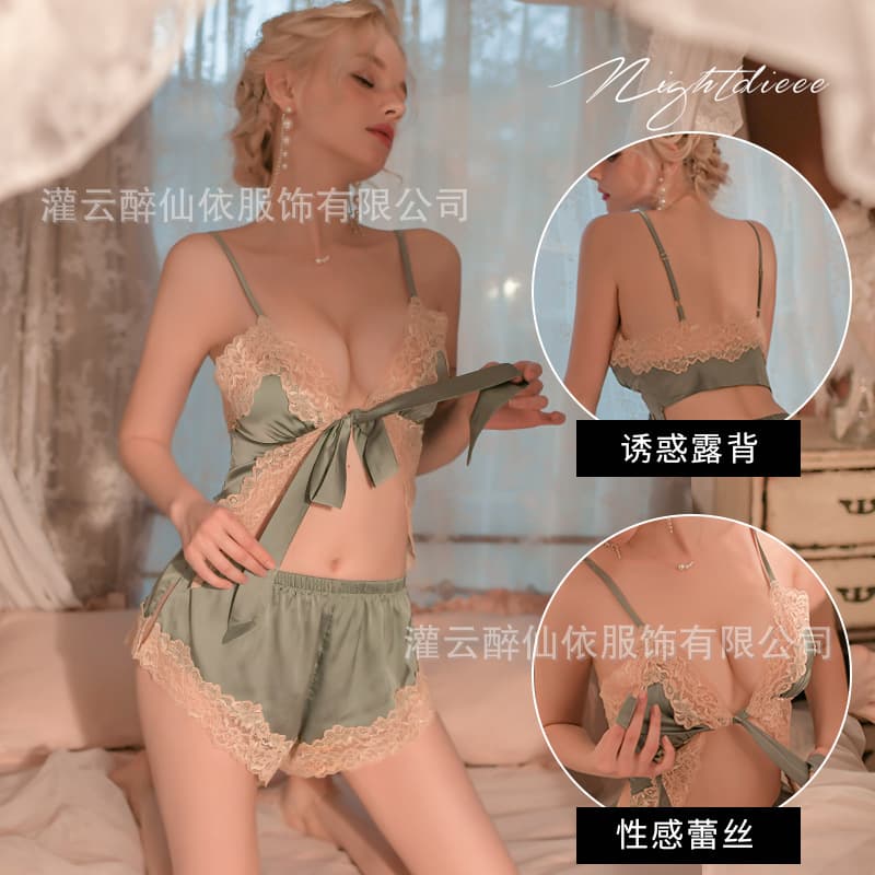 Sexy Lingerie Deep V Lace Spliced Satin Nightgown Open Back Tie Large Size Two-Piece Homewear 1918