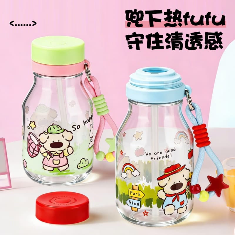 New Summer Cute Kids Water Bottle High-Gloss Plastic Cup Dual-Drink Straw Cartoon Cup Baby Bottle Cup