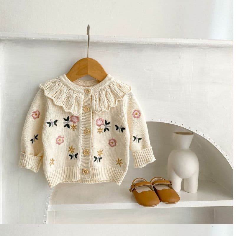 Spring Versatile Baby Girl Kids Floral Embroidery Ruffled Collar Knit Long Sleeve Cardigan Outerwear