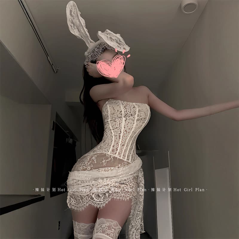 Short bunny ear headband, sexy tube top, lace veil, cosplay, sexy lace corset, hip bag, hip skirt