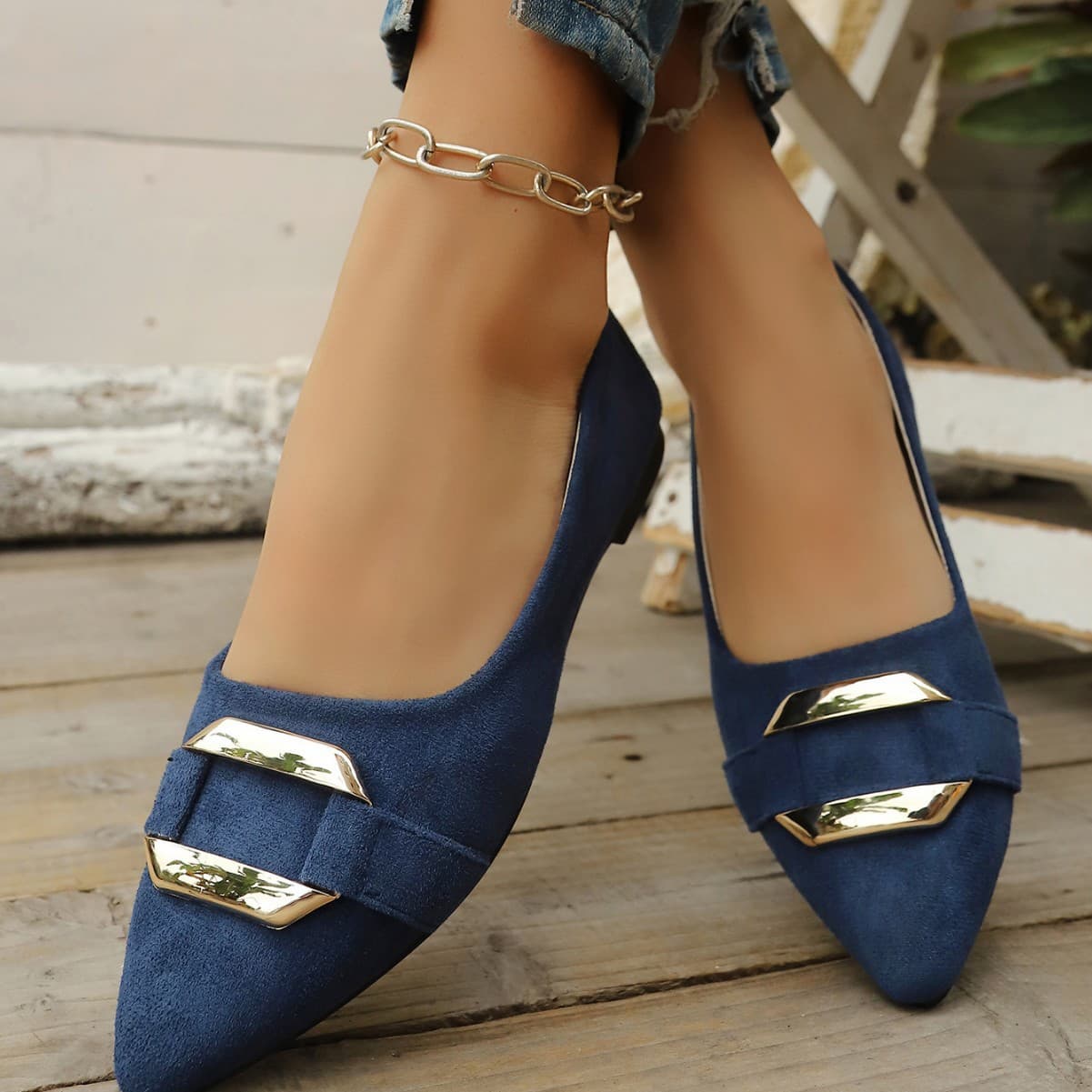 Cross-border Large Size Square Buckle Flat Shoes for Women, Soft Sole, Metal Comfort Work Shoes, Pointed Toe Flats