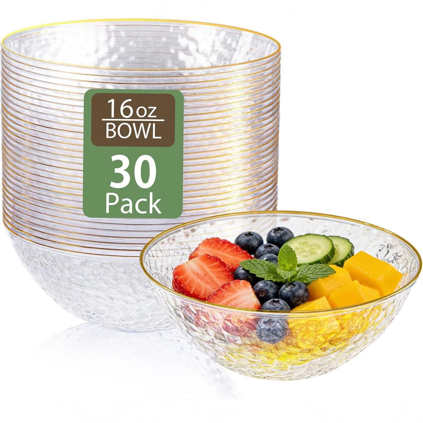 16OZ Disposable Plastic Stone Texture Gold Rim Large Salad Bowl, Forged Pattern Transparent Gold Rim Bowl, Party Tableware Cross-Border