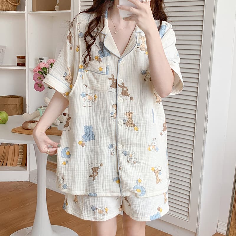 Short Sleeve Maternity Nursing Sleepwear Summer Thin Two-Piece Set Pure Cotton Gauze Postpartum Pajamas for Pregnancy