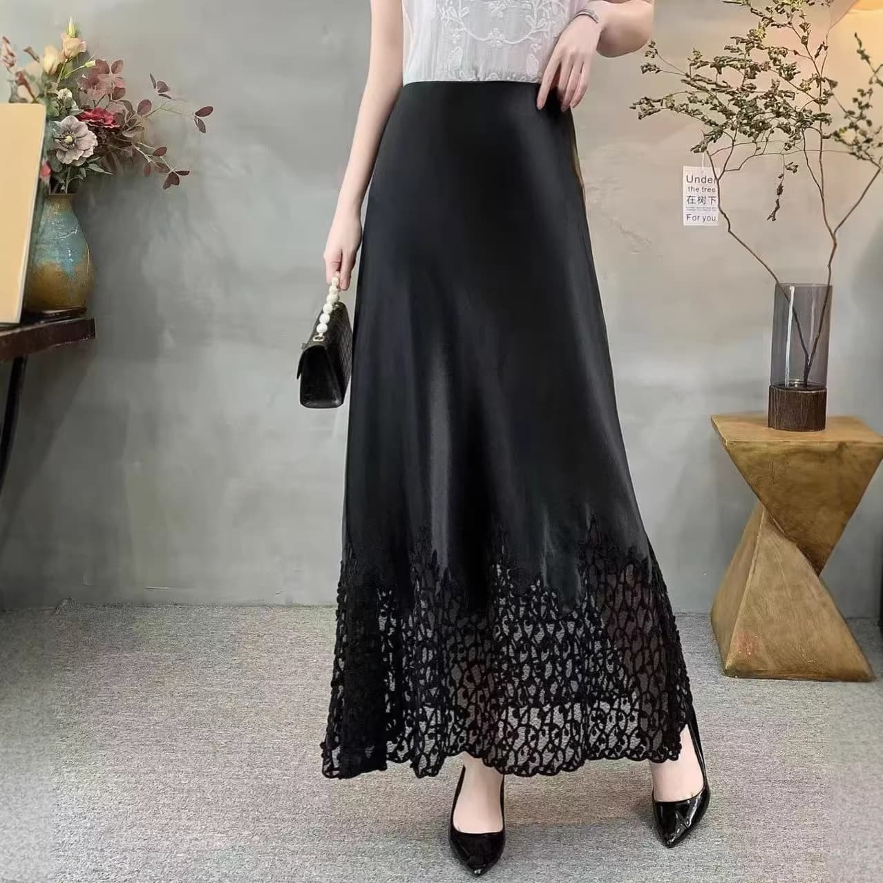 Hem lace embroidery acetate elastic waist skirt hem hollow acetate embroidery skirt new Chinese style Chinese skirt
