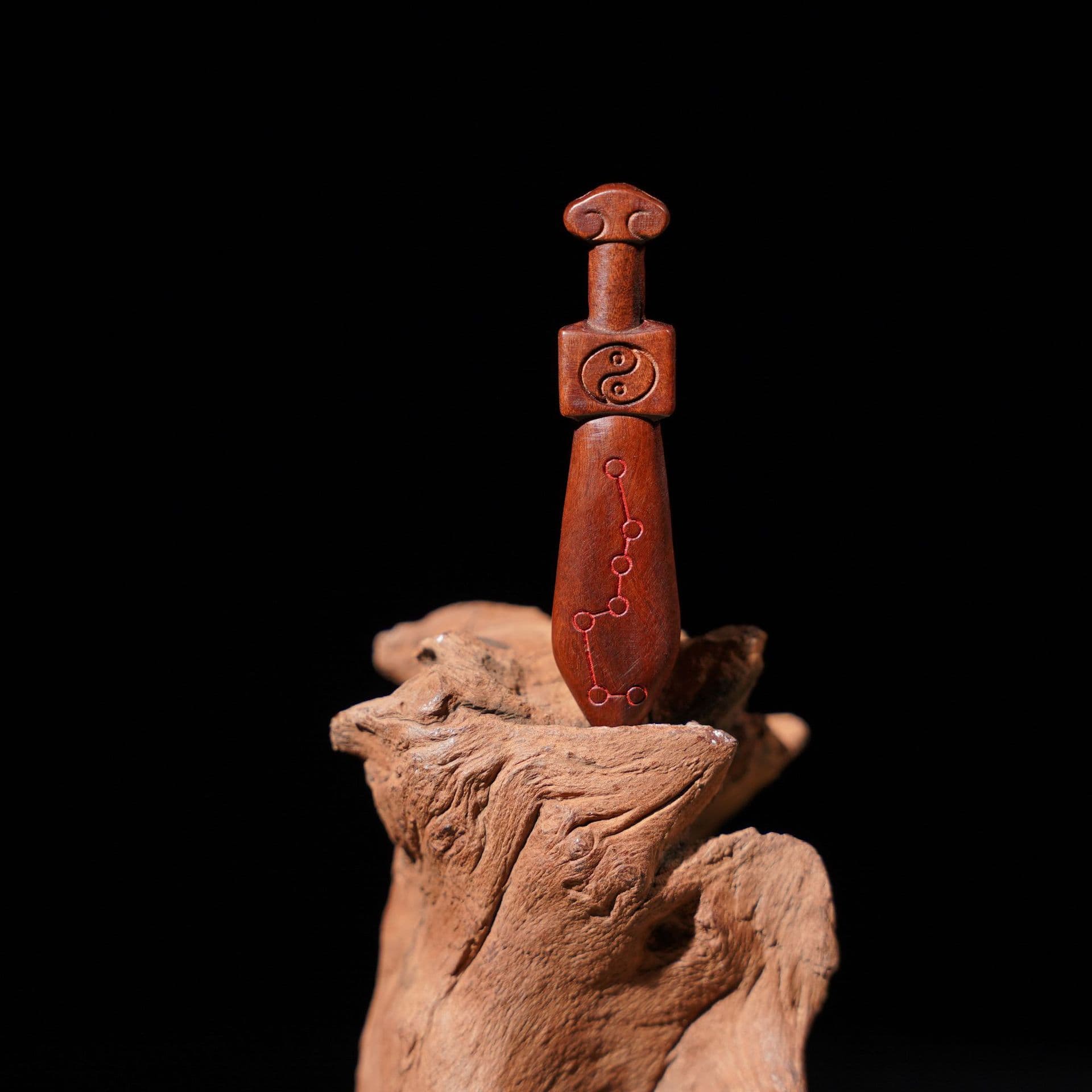 Longhushan lightning strike wood, jujube wood, double-sided cinnabar, seven-star and six-star small sword pendant, Tai Chi double-sided carved pendant