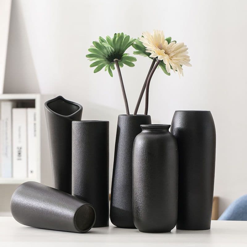 Vintage Ceramic Vase Black Pottery Living Room Home Minimalist Flower Arrangement Decoration Black Japanese Style Dried Flower Small Vase