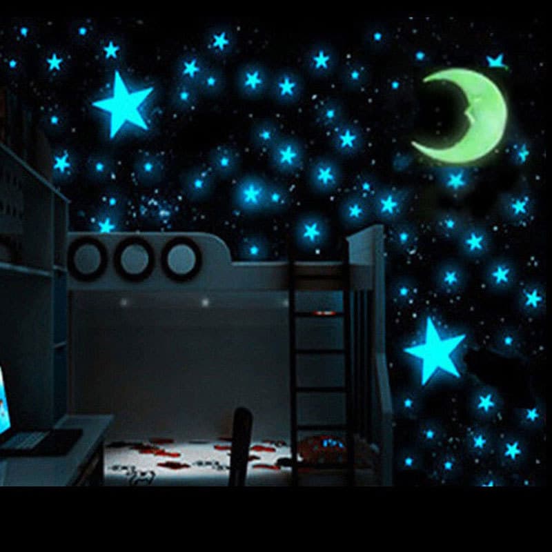 Glow-in-the-Dark Deep Blue Stars and Yellow Moon Wall Sticker Set - Plastic Fluorescent Star Stickers for Kids Room Home Decoration