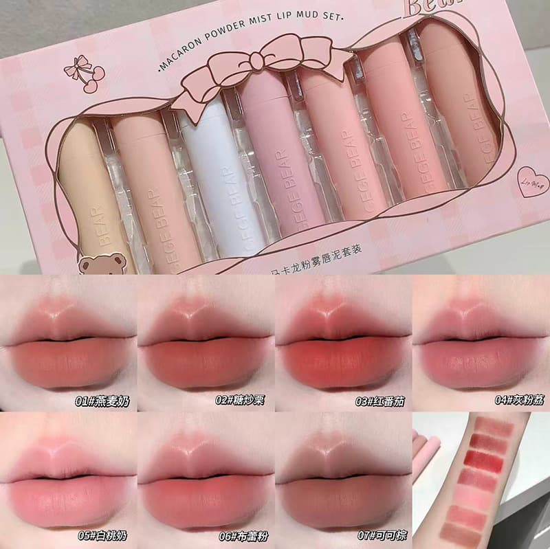 Gege Bear Macaron Pink Matte Lip Mud Set - Fine, Soft Velvet Matte Finish, Long-Lasting, Non-Transfer, Brightening Lipstick Set