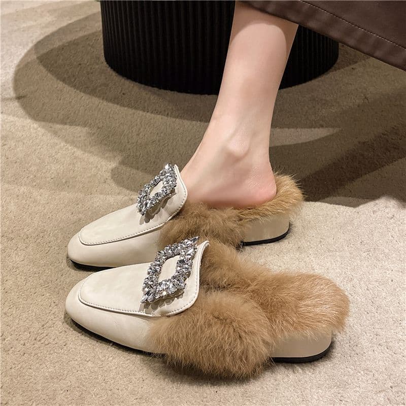 Women's Fuzzy Slippers Outdoor Autumn Winter Mules 2024 New Closed Toe Half Slippers Lined Chunky Heel Cotton Slippers