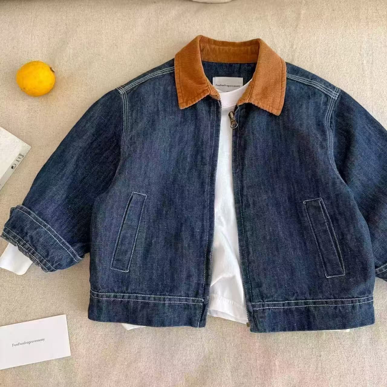 Children's Jackets 2026 Spring Boys Japanese Trendy Brand Denim Jackets Baby Children's Color Block Lapel Casual Zipper Shirt