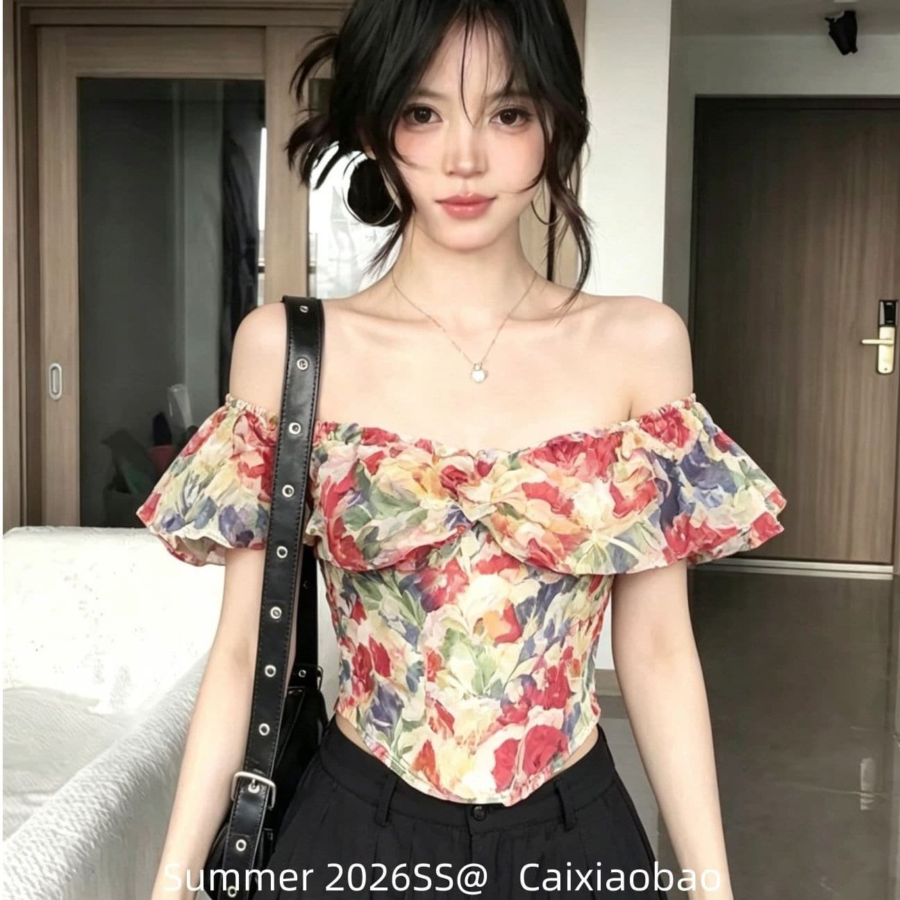 Beautifully designed youthful floral print women's summer chiffon off-shoulder top with fishbone detailing