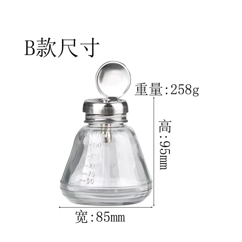 Press-type liquid bottles with stainless steel heads, white spirit bottles, thinner bottles, glass bottles, and alcohol bottles. Bulk discounts available. E18.