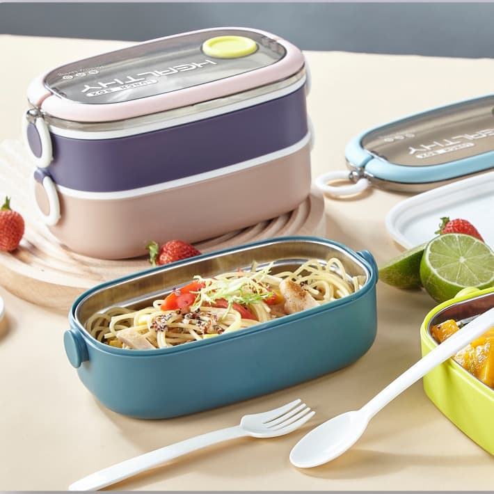 Outdoor Picnic Plastic Lunch Box with Cutlery, Stainless Steel Bento Box for Students, Factory Direct Supply for Cross-Border