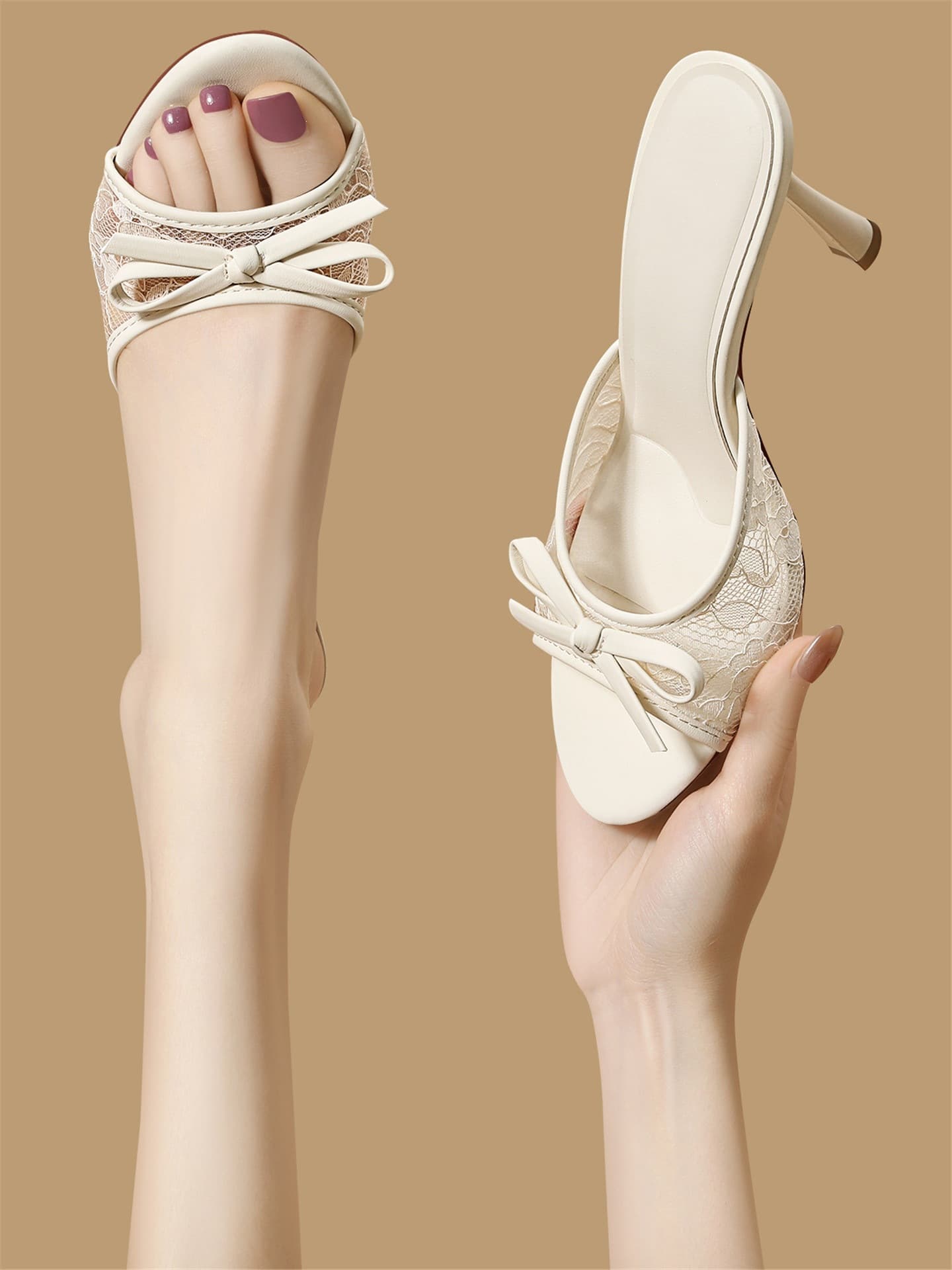 Gentle Style Lace Hollow-Out Round-Toe Slip-On Sandals for Women, Thin Heel, Beige Mesh High Heels, Slimming, Suitable for Outdoor Wear