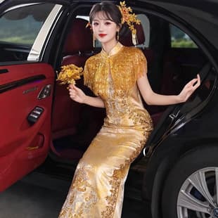 High-End Cheongsam Toast Dress 2026 New Gold Tassel Bride Wedding Dress Return Door Morning Robe Chinese Style Engagement Dress