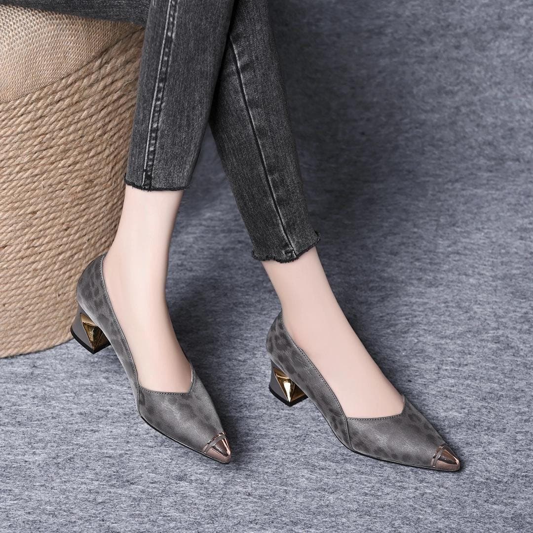 Leopard Print Fashion French Heels Square Buckle Pointed Toe Black Spring Summer Chunky Heel Pumps Low-Cut Mid High Heel