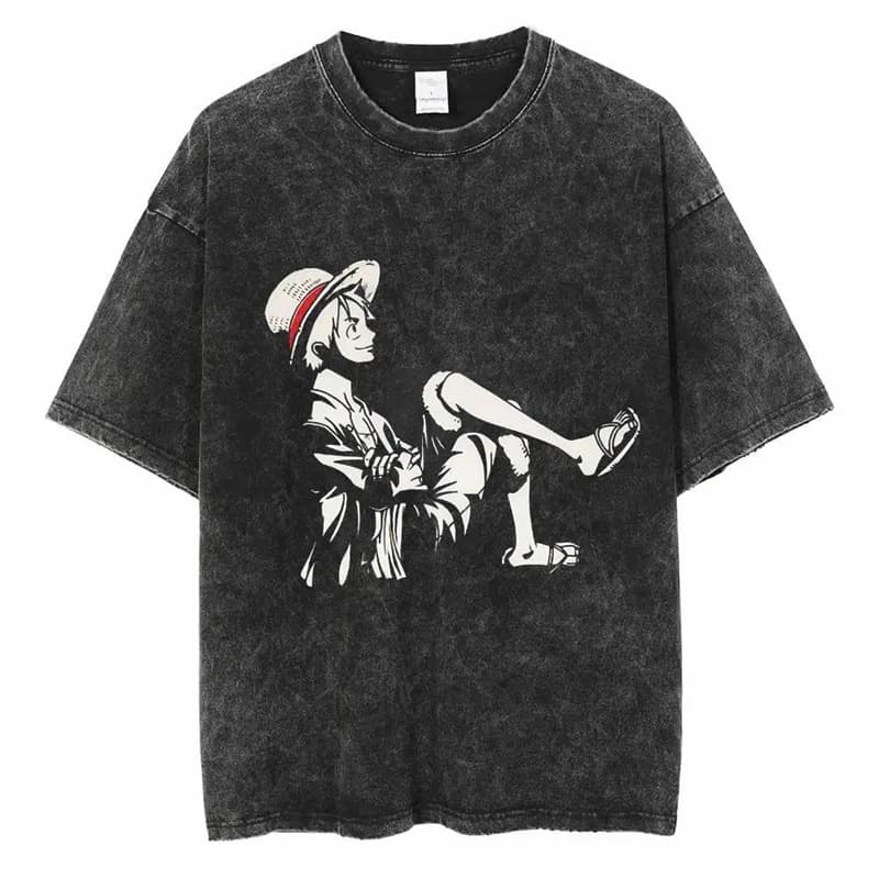 Vintage Washed T-Shirt Japanese Anime Short Sleeve Unisex One Piece Luffy