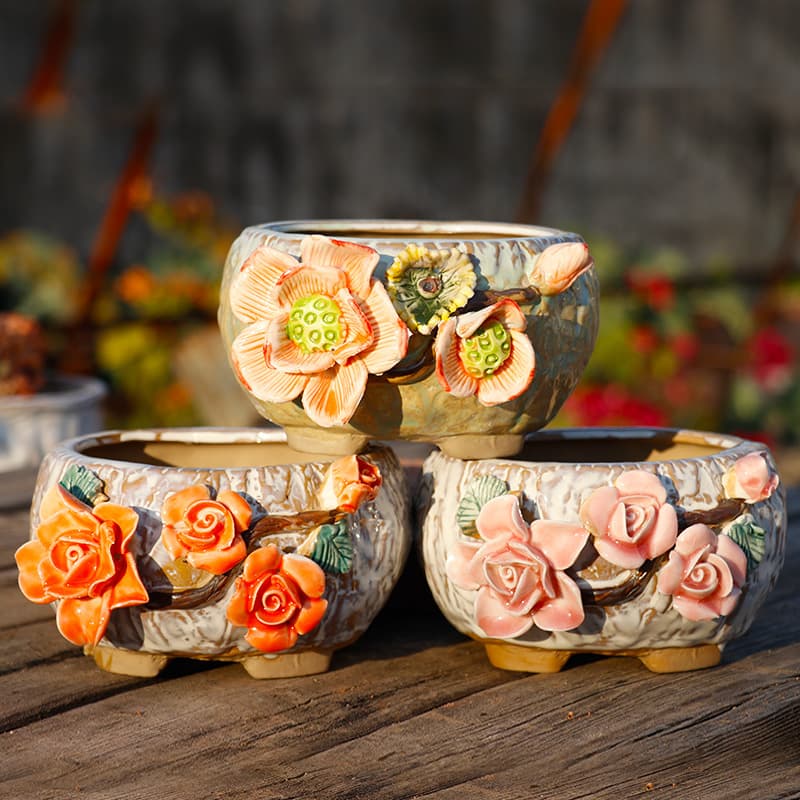 Yuanbao Basin Handmade Ceramic Succulent Pot with Large Coarse Grain Design