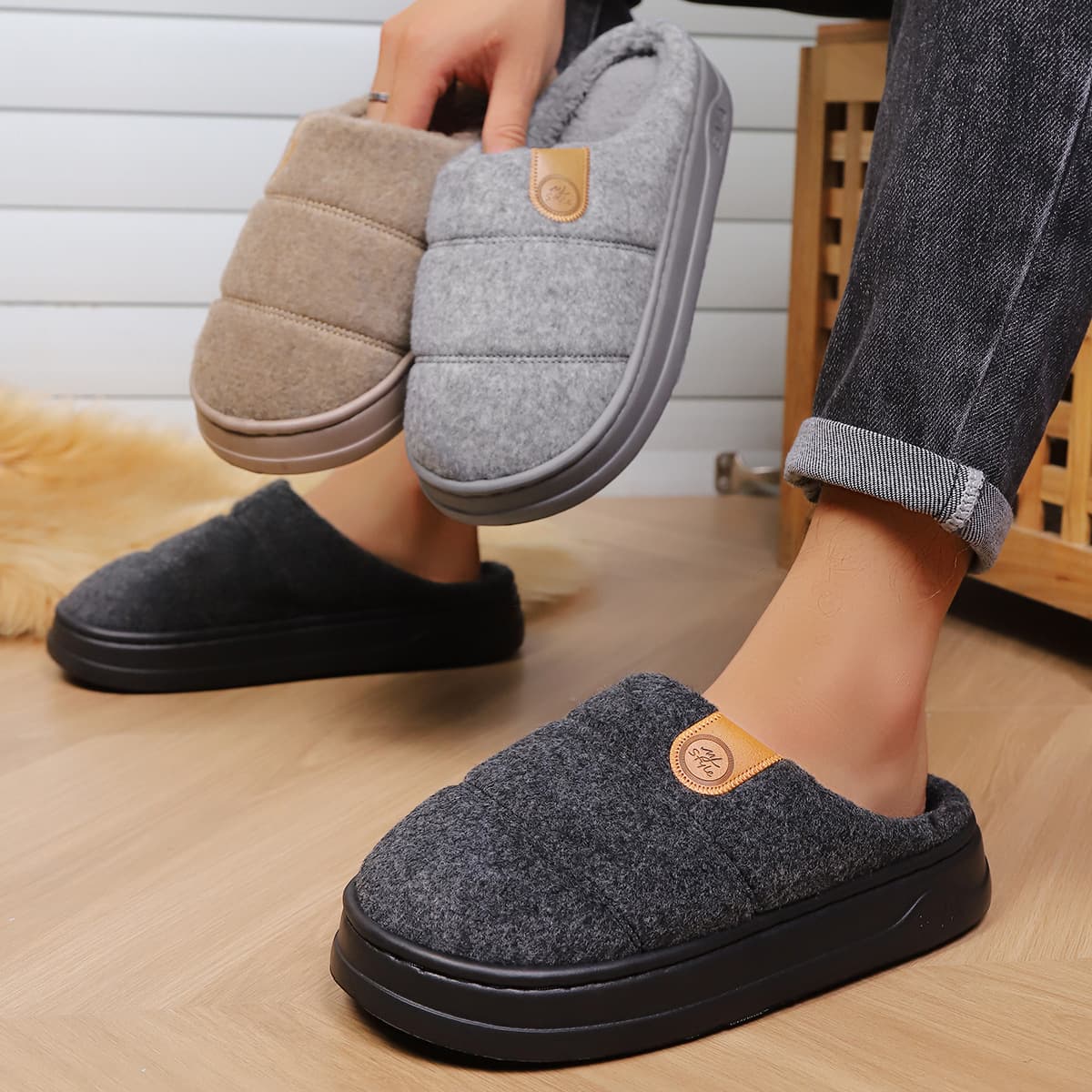 New Men's Extra Large Cotton Slippers Winter Indoor/Outdoor Size 46 Anti-slip Thick Sole Plush Furry Slippers