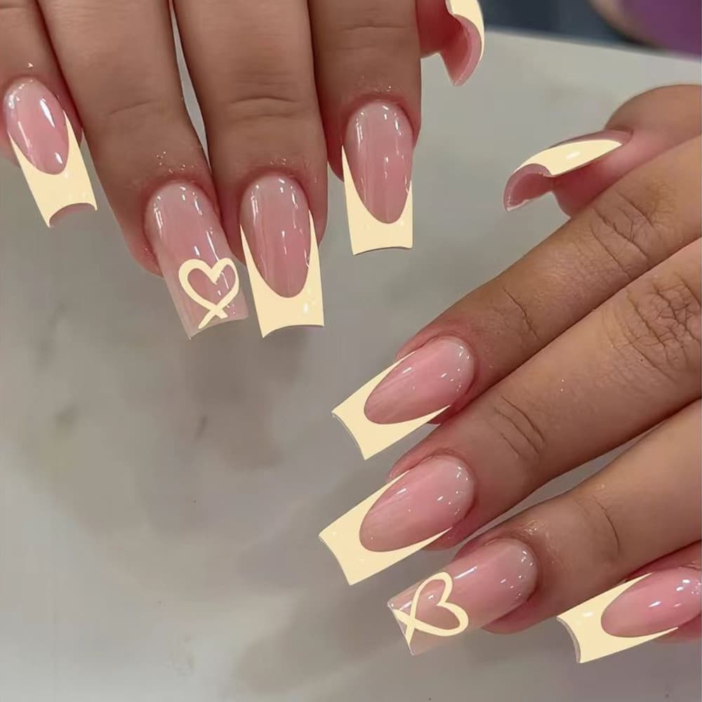 Cross-border Hot Selling Medium Tube Wearable Nails Yellow French Tip Pure Desire Heart Long Tube Nail Tips Factory Direct