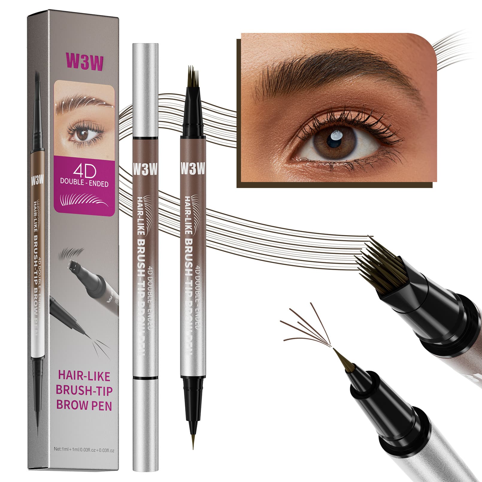 W3W Double-Ended Forked Eyebrow Pencil, Waterproof, Smudge-proof, Creates Natural-Looking Brows, Liquid Eyebrow Pencil, Amazon Makeup