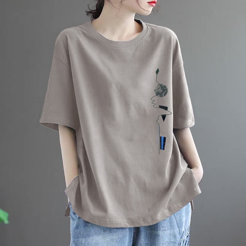 2024 New Vintage Plus Size Women's T-Shirt Loose Fit Short Sleeve Summer New Arrival Artistic Printed Base Layer Top