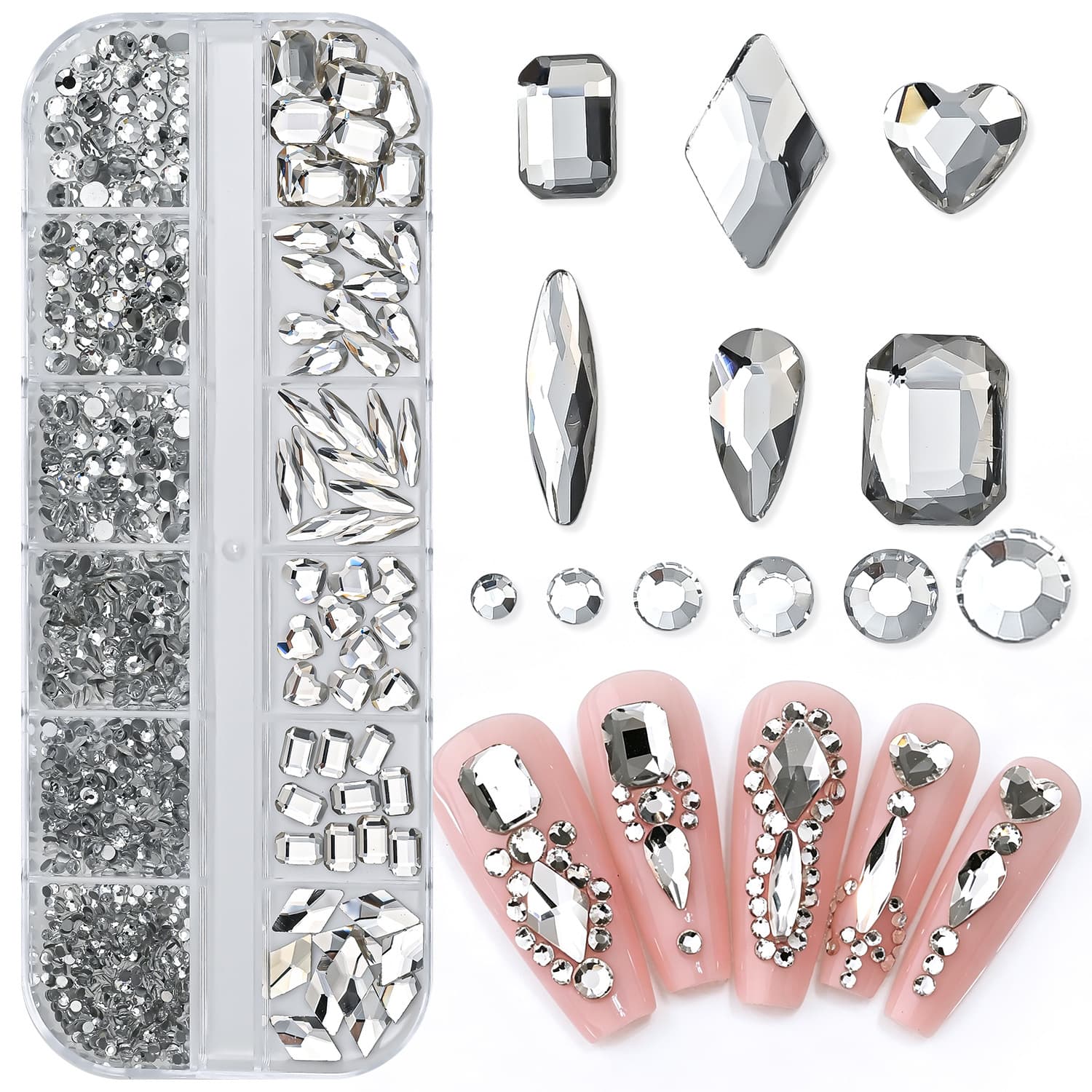 12-grid nail art rhinestones, white, large and small flat-back rhinestones, heart, teardrop, diamond shape, DIY decoration glass rhinestones