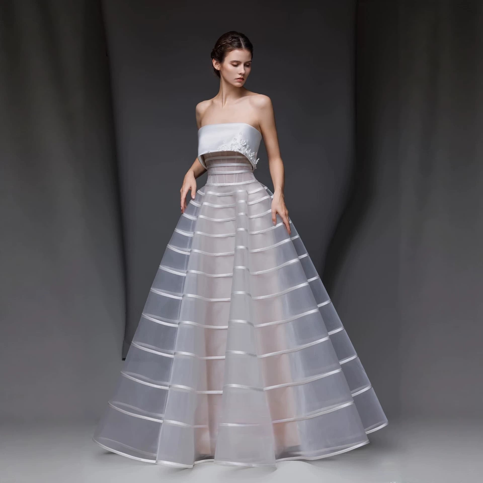 Wedding Dress Minimalist Strapless Wedding Gown, Satin with Sheer Striped Tulle Ball Gown, Versatile for Multiple Occasions