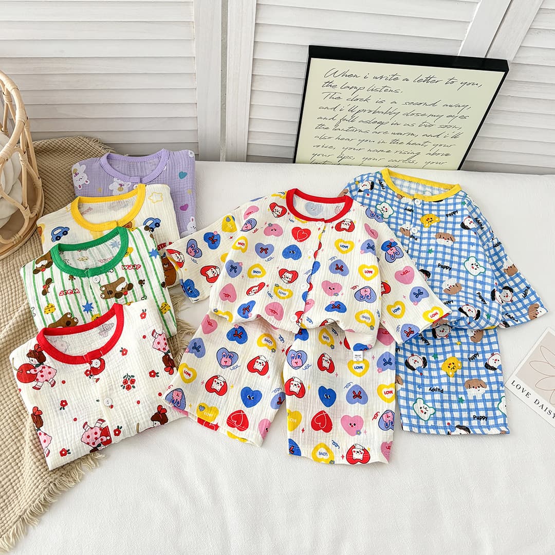 New Children's Pure Cotton Gauze Pajama Set Spring/Summer Cotton Gauze Homewear Boys Girls Korean Style Versatile Two-Piece Set