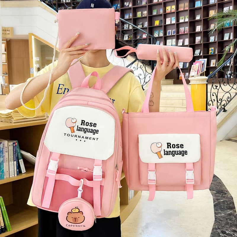 School Bag for Girls, Primary and Secondary Students, Large Capacity Backpack Set, Tutoring Bag, New Korean Style Ins Cartoon Casual Backpack