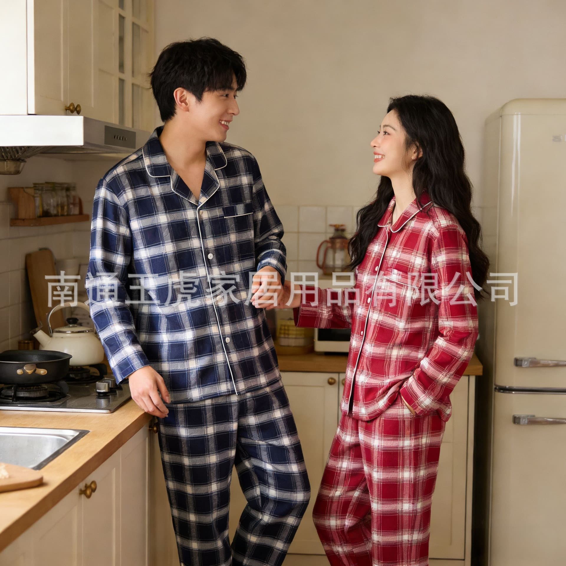 Plain Cotton Yarn-Dyed Brushed Homewear Couple Long-Sleeve Set, Couple Pajamas, Seamless Flannel, MU Good Quality