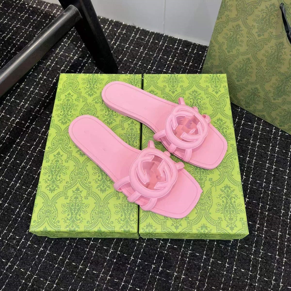 2024 Summer High Version Slippers G Home Flat-bottomed Fashion Casual PVC Jelly Women's Shoes Cross-border Hair