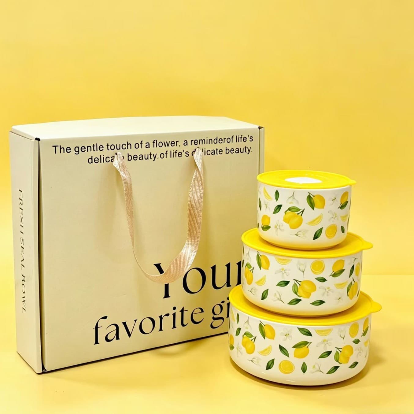 Ceramic Fresh-Keeping Bowl 3-Piece Gift Set with Lemon Pattern, Sealed Bowl Set, Grand Opening Gift, Event Souvenir