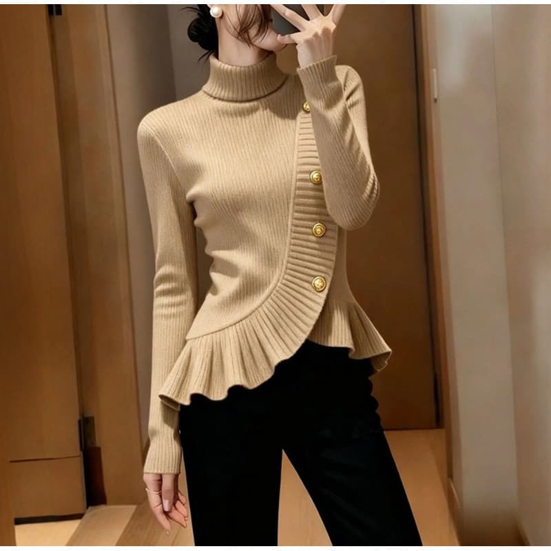 Turtleneck ruffled sweater for women 2025 autumn and winter slim pullover sweater with western style design top