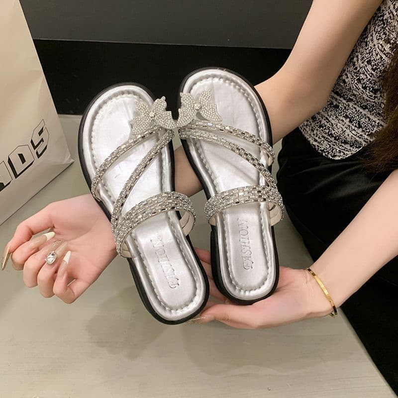 2025 New Style Stunning Sandals for Women, Summer Outdoor Wear, Flat-Soled Rhinestone Butterfly Slip-On Dual-Wear Beach Sandals for Women