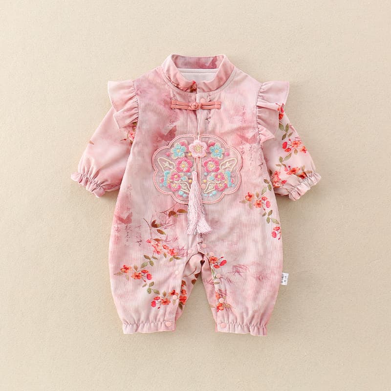 Baby clothes, autumn jumpsuit, baby girl's new Chinese style Hanfu, hundred-day cheongsam, khaki, spring and autumn outings