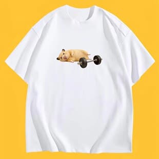 Funny Hamster Lifting Weights Meme T-Shirt Gym Humor Graphic Women's Summer Short Sleeve Casual Streetwear