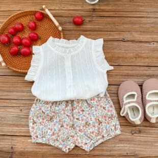 2026 Summer Ins Button Top + Floral Shorts Baby Girl 2-Piece Set Thin Summer Set