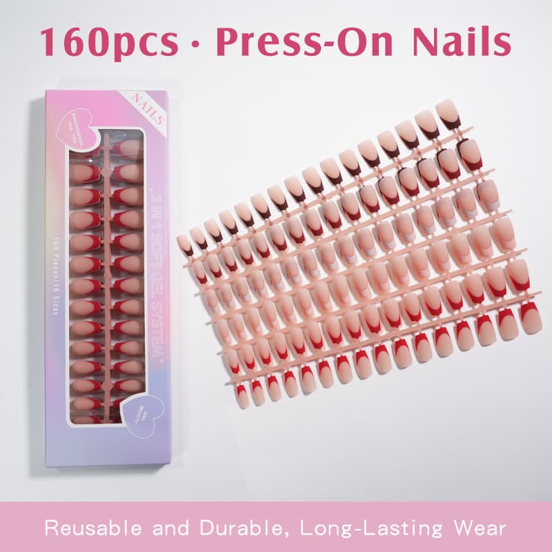 Cross-Border Hot-Selling 160-Piece Boxed French Style Short Ladder-Shaped Simple Nail Stickers, Removable Nail Tips Wholesale