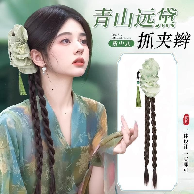 New Chinese Style Braided Wig with Ink Wash Tassels, Long Braid Hair Clip for Women, Simulated Half-Up Ponytail