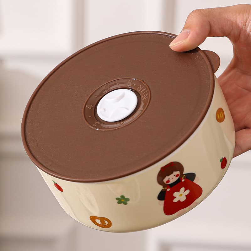 Cute Ceramic Ramen Bowl with Lid, Household Soup Bowl Set, Microwave-Safe Lunch Box, Annual Meeting Gift & Holiday Present