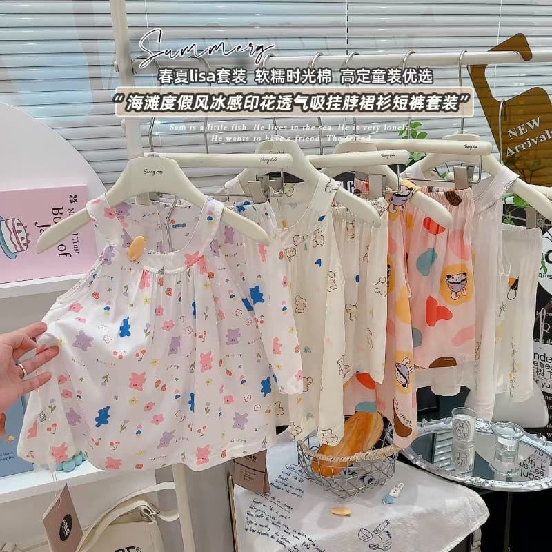 Girls' Cotton Silk Dress Set Summer Thin Two-Piece Set Baby Girl Vest Sleeveless Sweet Outfit