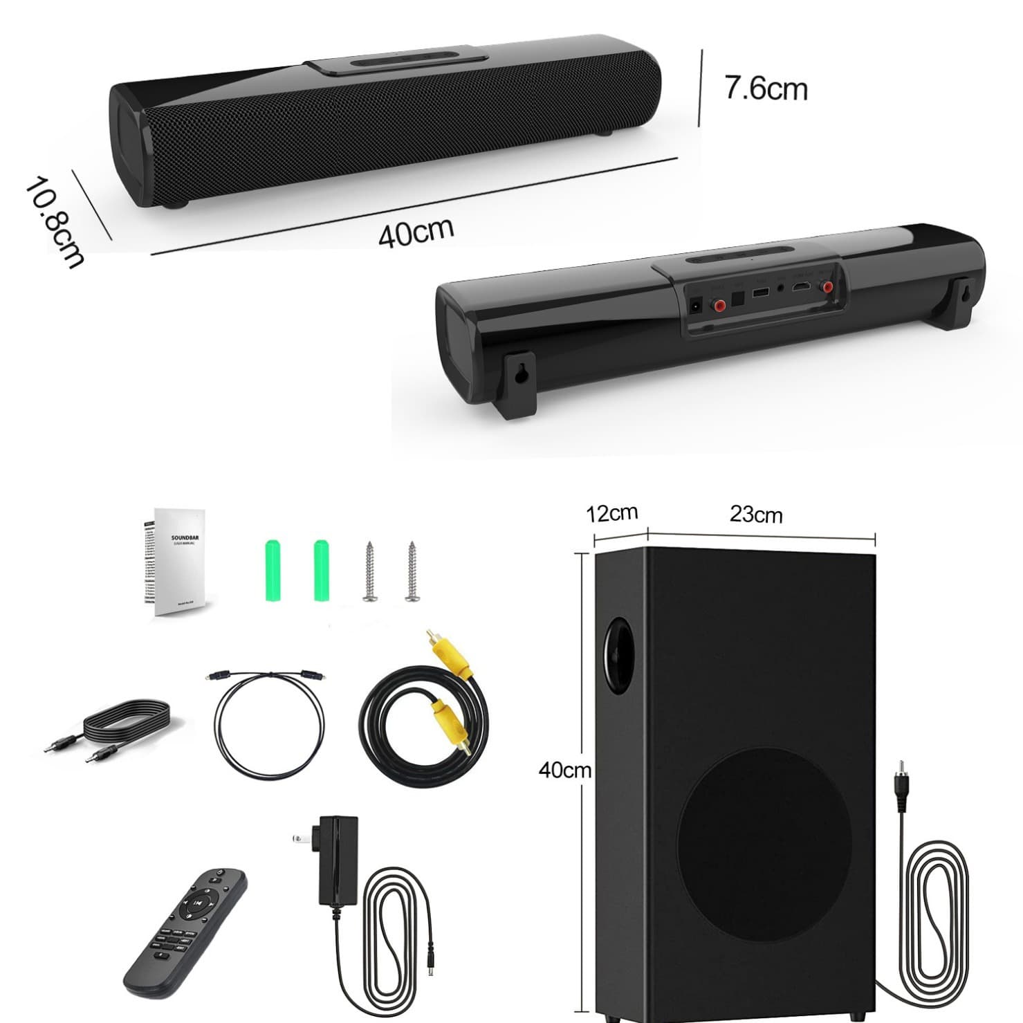 TV projector with HDMI, optical fiber, Bluetooth remote control, soundbar speaker, 80W power output, and subwoofer.