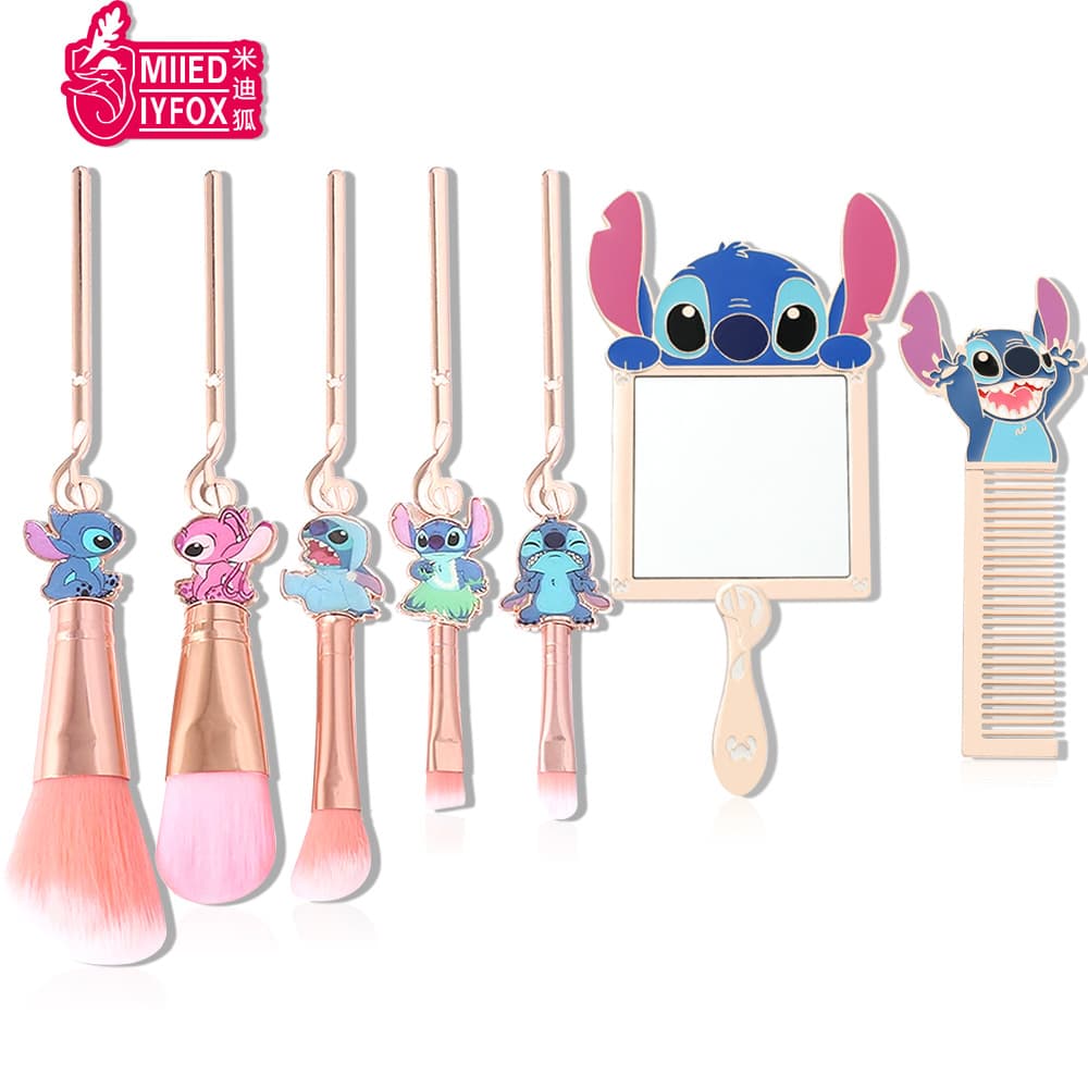 Stitch 7-Piece Cartoon Cute Makeup Brush Set with Cartoon Portable Handheld Mirror Wholesale