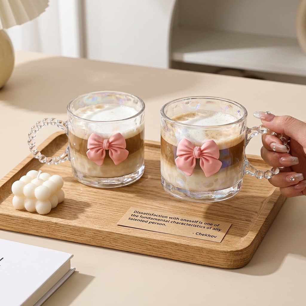 Niche design sense ins style mug high-looking water cup big ears bow glass cup coffee milk cup