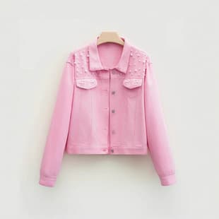 AliExpress Amazon Cross-Border Denim Jacket Women Plus Size Beaded Rhinestone Coat Pearl String Jacket