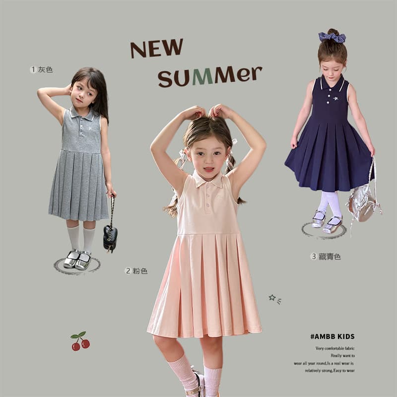 Aimo Beibei Kids Polo Dress Girls Korean Style Bow Embroidery Sleeveless Dress Turn-down Collar Princess Vest Dress