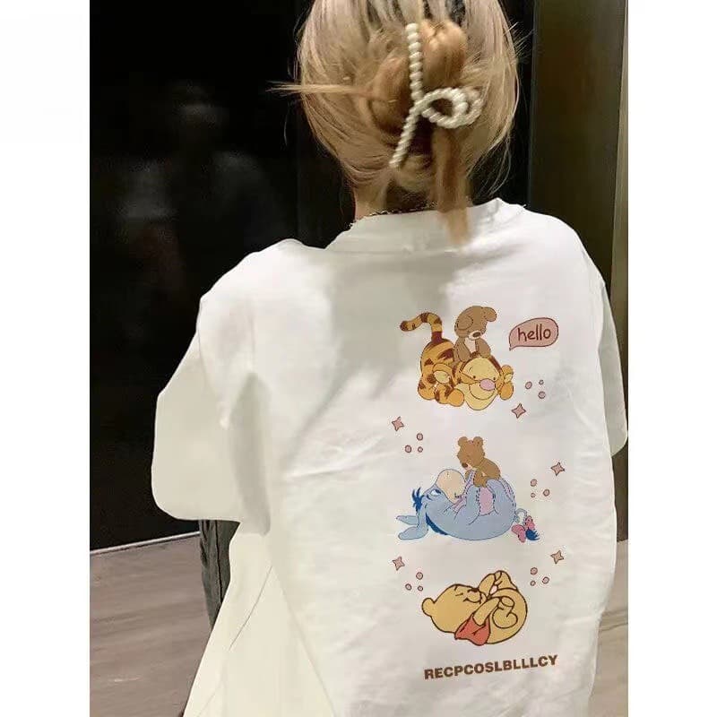 Pure cotton back collar Summer new cartoon printed Winnie the Pooh T-shirt for men and women, loose, casual and versatile wholesale