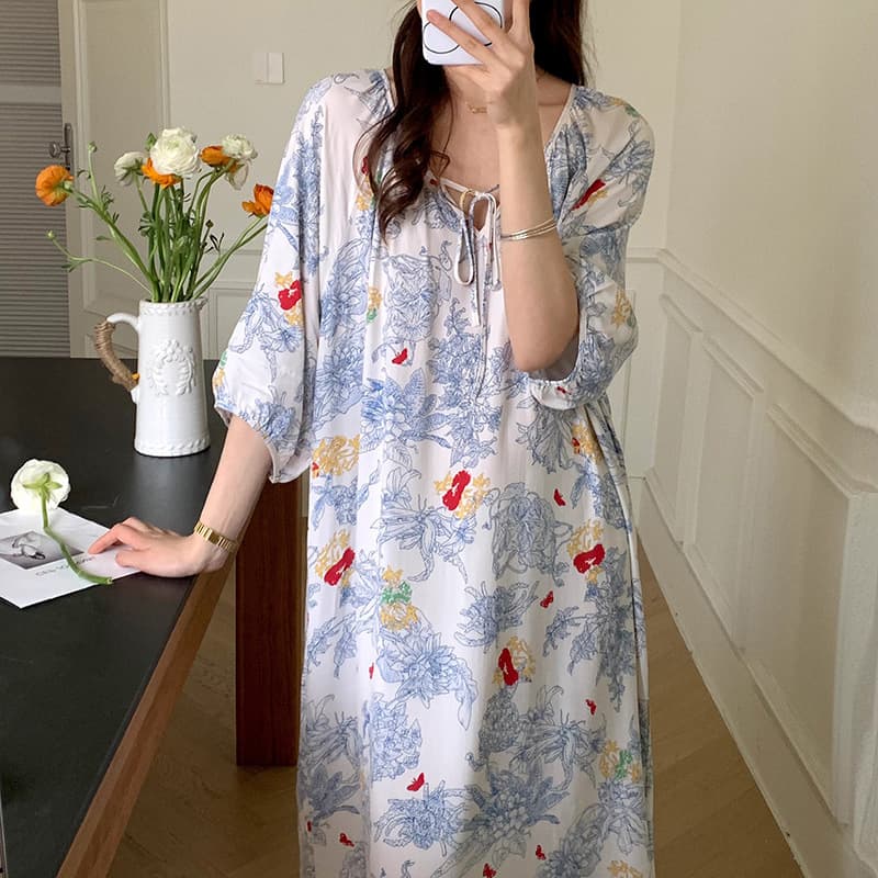 2026 New Style National Style Nightgown for Women, Summer Elegant and High-End Cotton Silk Sleepwear, New Chinese Style Cotton Silk Long Dress for Seaside Vacation
